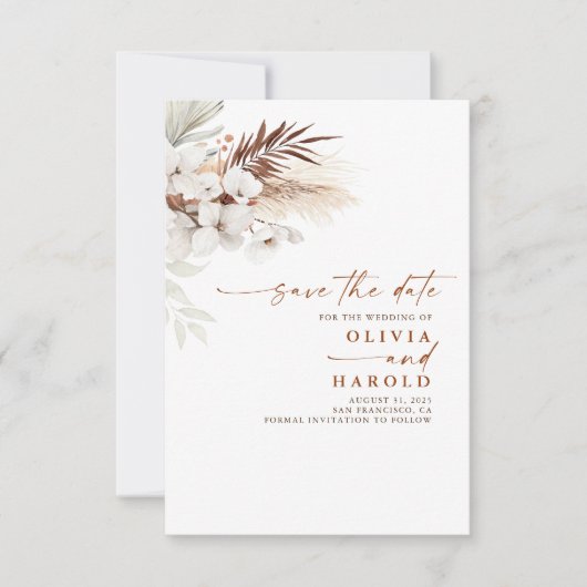 テラコッタと白い花の日付を保存 案内状 (正面)