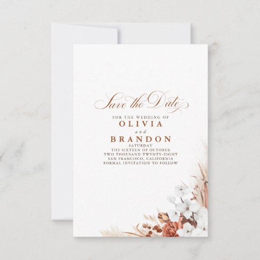 テラコッタと白い花の日付を保存 案内状 (正面)