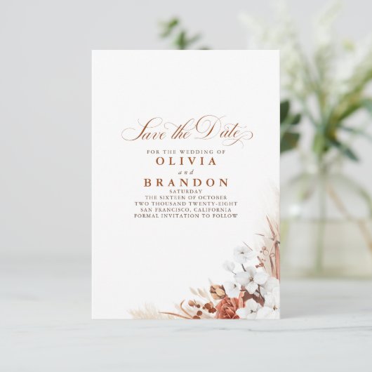 テラコッタと白い花の日付を保存 案内状 (スタンド正面)