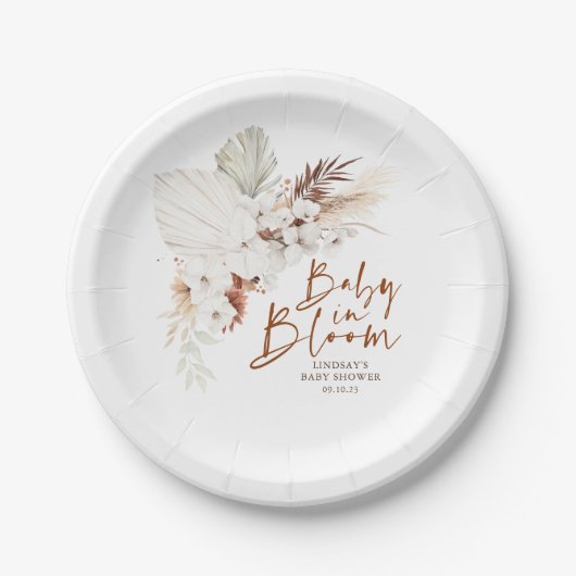 テラコッタと白い花ボホベイビーシャワー ペーパープレート (正面)