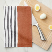 テラコッタと白黒ストライプ キッチンタオル (四つ折り)