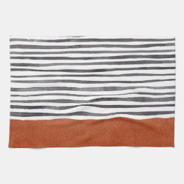 テラコッタと白黒ストライプ キッチンタオル