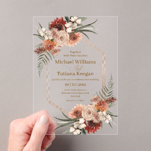 テラコッタと粘土の秋の花の幾何学的な結婚式 アクリル招待状 (インサイチュ (ポータブル))