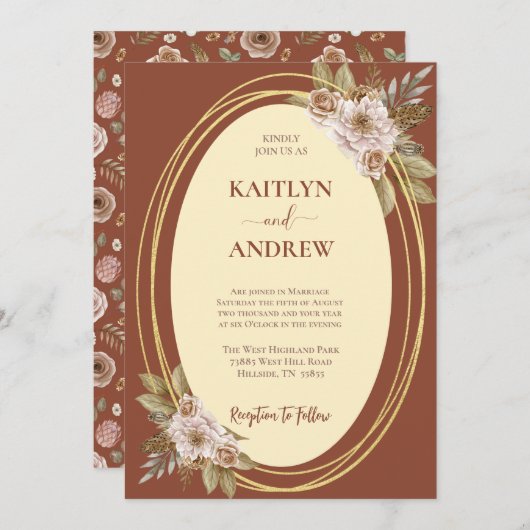 テラコッタと金ゴールドエレガントボホフローラ結婚ズ 招待状 (正面/裏面)