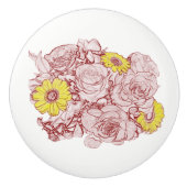 テラコッタによって輪郭を描かれるバラおよび黄色いデイジー セラミックノブ (正面)