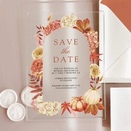 テラコッタのカボチャとフラワーの結婚式Save the Date アクリル招待状