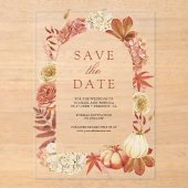 テラコッタのカボチャとフラワーの結婚式Save the Date アクリル招待状 (正面)
