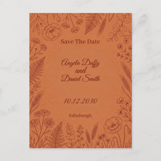 テラコッタのラインアートの花の結婚式のSave the Date ポストカード (正面)