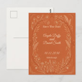 テラコッタのラインアートフラワーのSave the Date ポストカード (正面/裏面)