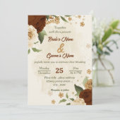 テラコッタの土色の花と緑のブライダル ウェディング 招待状 (スタンド正面)