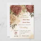 テラコッタの土色の花と緑の結婚式 招待状 (正面)