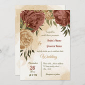 テラコッタの土色の花と緑の結婚式 招待状 (正面/裏面)