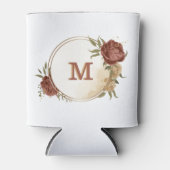 テラコッタの土色の花と緑の葉のモノグラム 缶クーラー (正面)