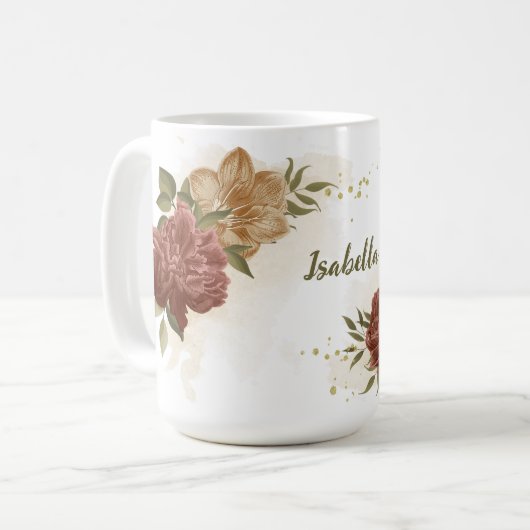 テラコッタの土色の花と緑の葉 コーヒーマグカップ (正面左)