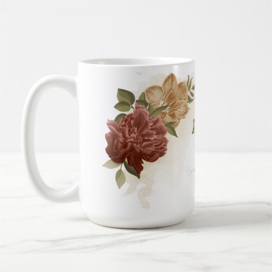 テラコッタの土色の花と緑 コーヒーマグカップ (左)