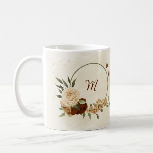 テラコッタの土色の花模様 コーヒーマグカップ (左)