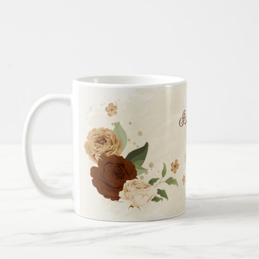 テラコッタの土色の花模様 コーヒーマグカップ (左)