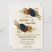 テラコッタの土色 ネイビー フラワー グリーンのウェディング 招待状 (正面)