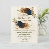 テラコッタの土色 ネイビー フラワー グリーンのウェディング 招待状 (スタンド正面)