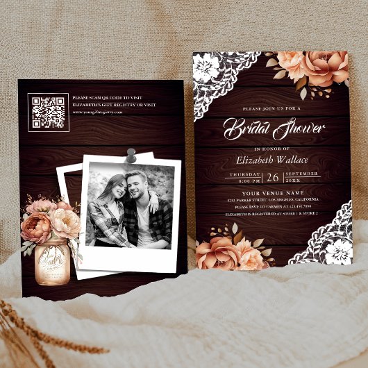 テラコッタの木と花のフォトQRコード ブライダルシャワー 招待状