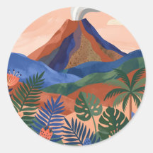 テラコッタの火山風景ラウンドステッカー
