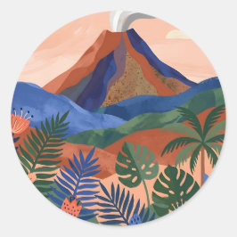 テラコッタの火山風景ラウンドステッカー ラウンドシール