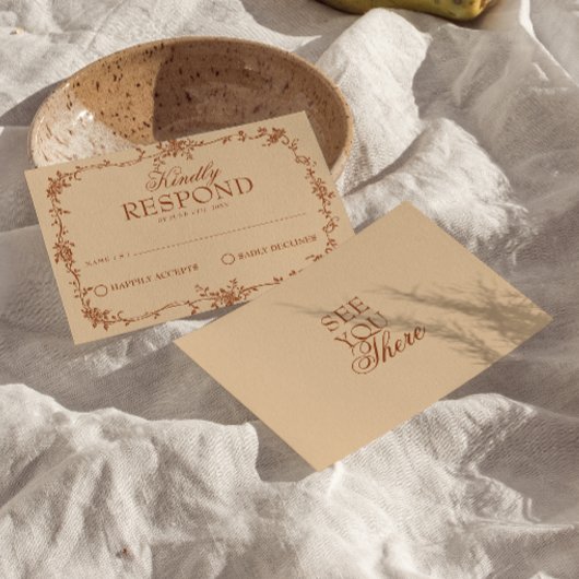 テラコッタの焦茶色の花柄ボヘミアン結婚式RSVP 出欠カード