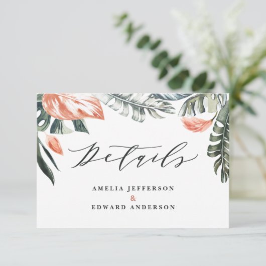 テラコッタの熱帯結婚の葉脈の詳細 出欠カード (スタンド正面)