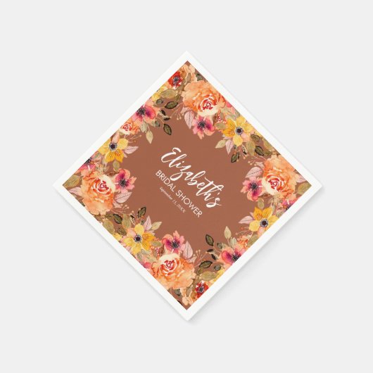 テラコッタの秋の水彩花 スタンダードカクテルナプキン (角)