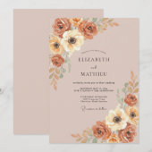 テラコッタの秋の花の華麗な結婚式 招待状 (正面/裏面)