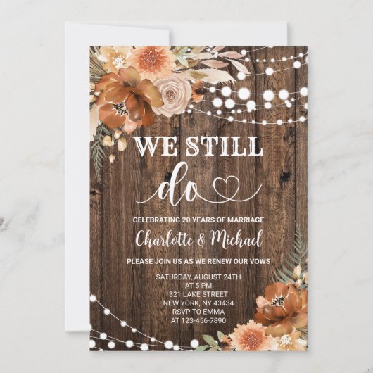 テラコッタの秋の花柄「私たちはまだ誓います」誓いの更新 招待状 (正面)