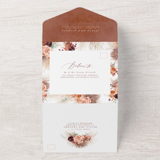 テラコッタの花とパンパスグラスエキゾチック結婚ズ オールインワン招待状 (外側)