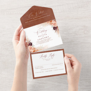 テラコッタの花とパンパスグラスエキゾチック結婚ズ オールインワン招待状