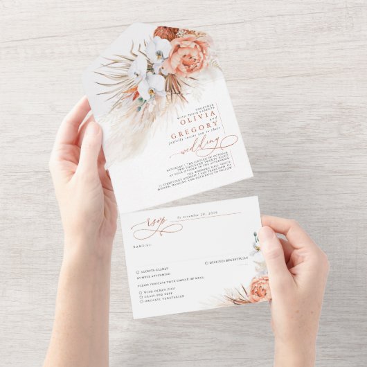 テラコッタの花とパンパスグラスエキゾチック結婚ズ オールインワン招待状 (貼ってはがせる)