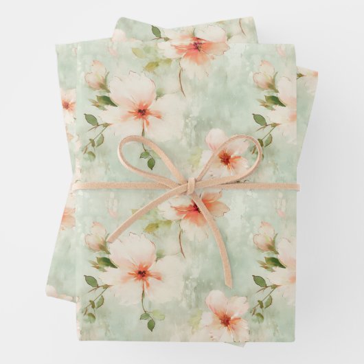 テラコッタの花と緑のエレガントフローラ ラッピングペーパーシート (インサイチュ)
