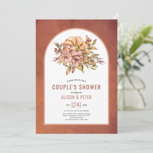 テラコッタの花、かぼちゃの秋カップルのシャワー 招待状 (スタンド正面)