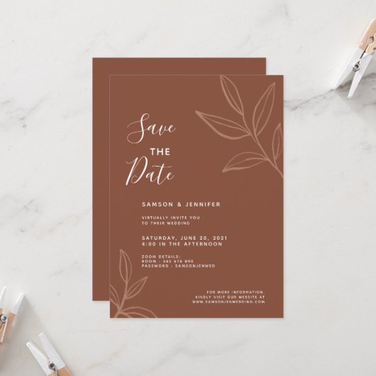 テラコッタの葉でSave the Date バーチャルウェディング 招待状 (正面/裏面インサイチュ)