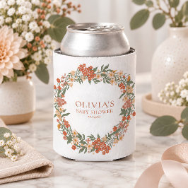テラコッタの野の花リースと落ち着いたグリーンのベビーシャワー 缶クーラー