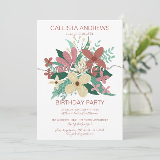 テラコッタアイボリーフローラグリーンリーブーケスウィート16 招待状 (スタンド正面)