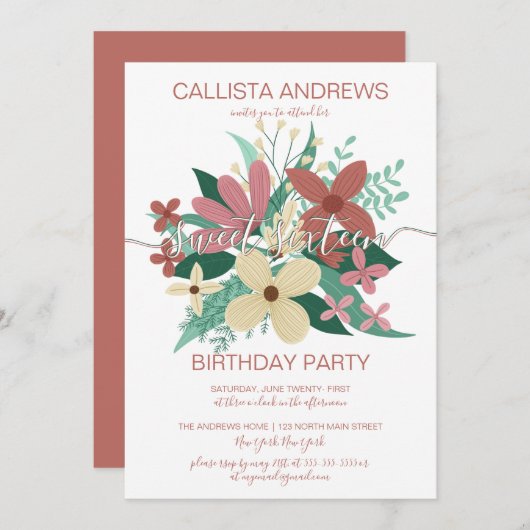 テラコッタアイボリーフローラグリーンリーブーケスウィート16 招待状 (正面/裏面)