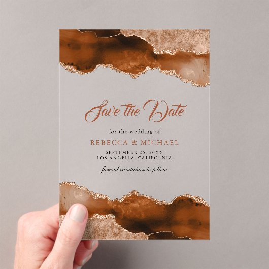 テラコッタアガテ大理石結婚式の日付を保存 アクリル招待状 (インサイチュ (ポータブル))