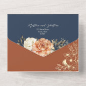 テラコッタアンドネイビーブルーエレガント秋の結婚式 オールインワン招待状 (裏面)