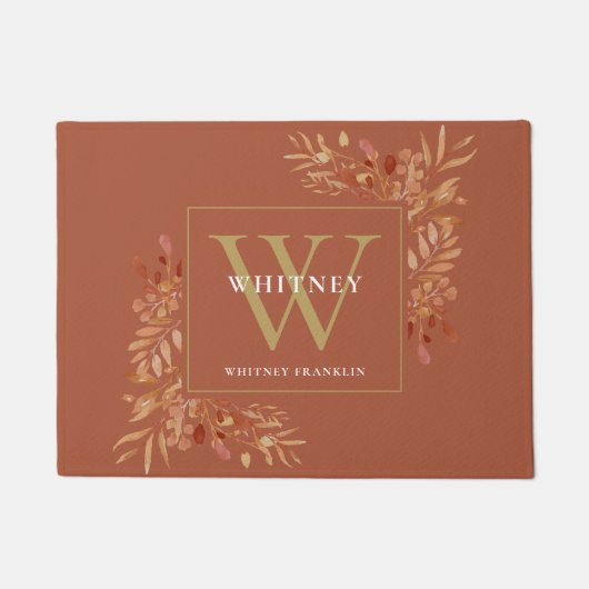 テラコッタアンド金ゴールドモノグラム素朴フローラ ドアマット (正面)