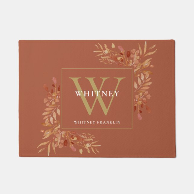 テラコッタアンド金ゴールドモノグラム素朴フローラ ドアマット (正面)