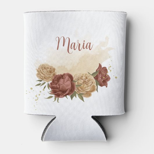 テラコッタアースカラーの花と緑の結婚式 缶クーラー (正面)