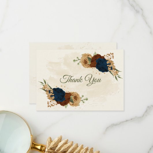 テラコッタアーストーンネイビーフローラ結婚グリーンリー サンキューカード (正面/裏面インサイチュ)