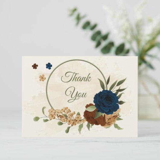 テラコッタアーストーンネイビーフローラ結婚グリーンリー サンキューカード (スタンド正面)