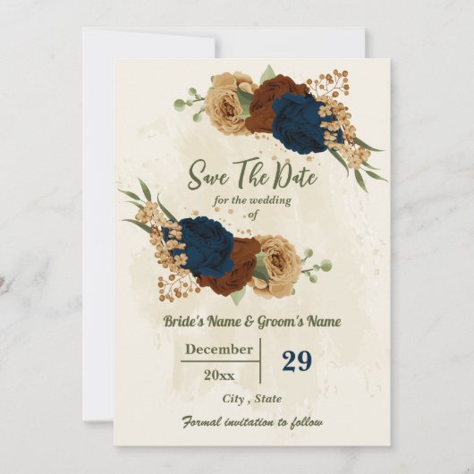 テラコッタアーストーンネイビーフローラ結婚グリーンリー セーブザデート (正面)