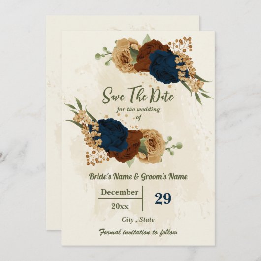 テラコッタアーストーンネイビーフローラ結婚グリーンリー セーブザデート (正面/裏面)