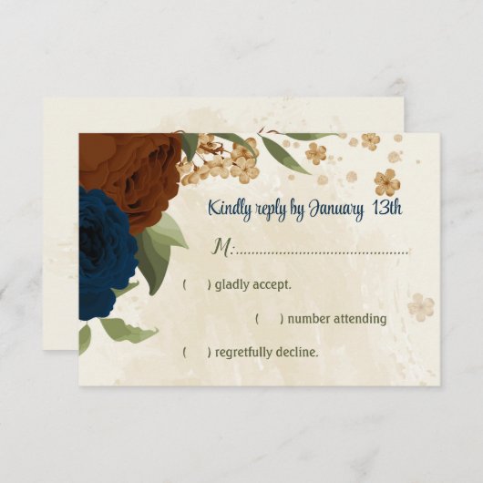 テラコッタアーストーンネイビーフローラ結婚グリーンリー 出欠カード (正面/裏面)